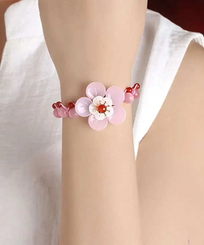 Beautiful Light Pink Coloured Glaze Shell Flower Cat's Eye Garnet Charm Bracelet ML0657