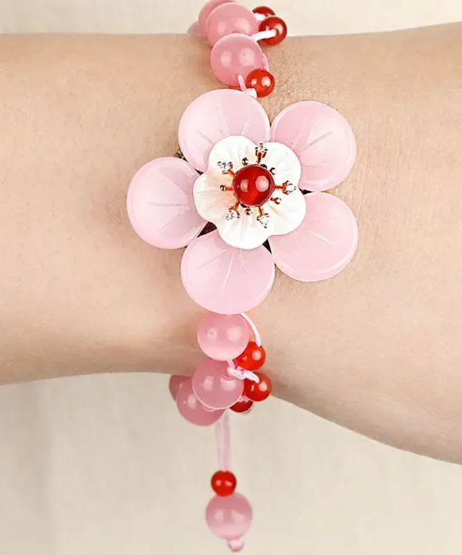 Beautiful Light Pink Coloured Glaze Shell Flower Cat's Eye Garnet Charm Bracelet ML0657