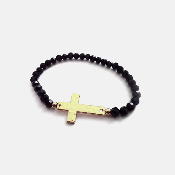 Black Crystal Gold Sideways Cross Stretch Bracelet