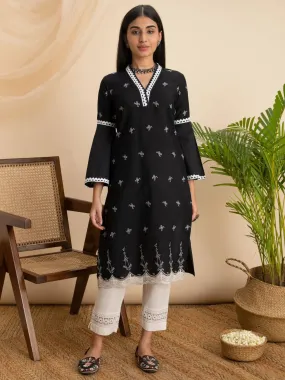 Black Embroidered Cotton Kurta