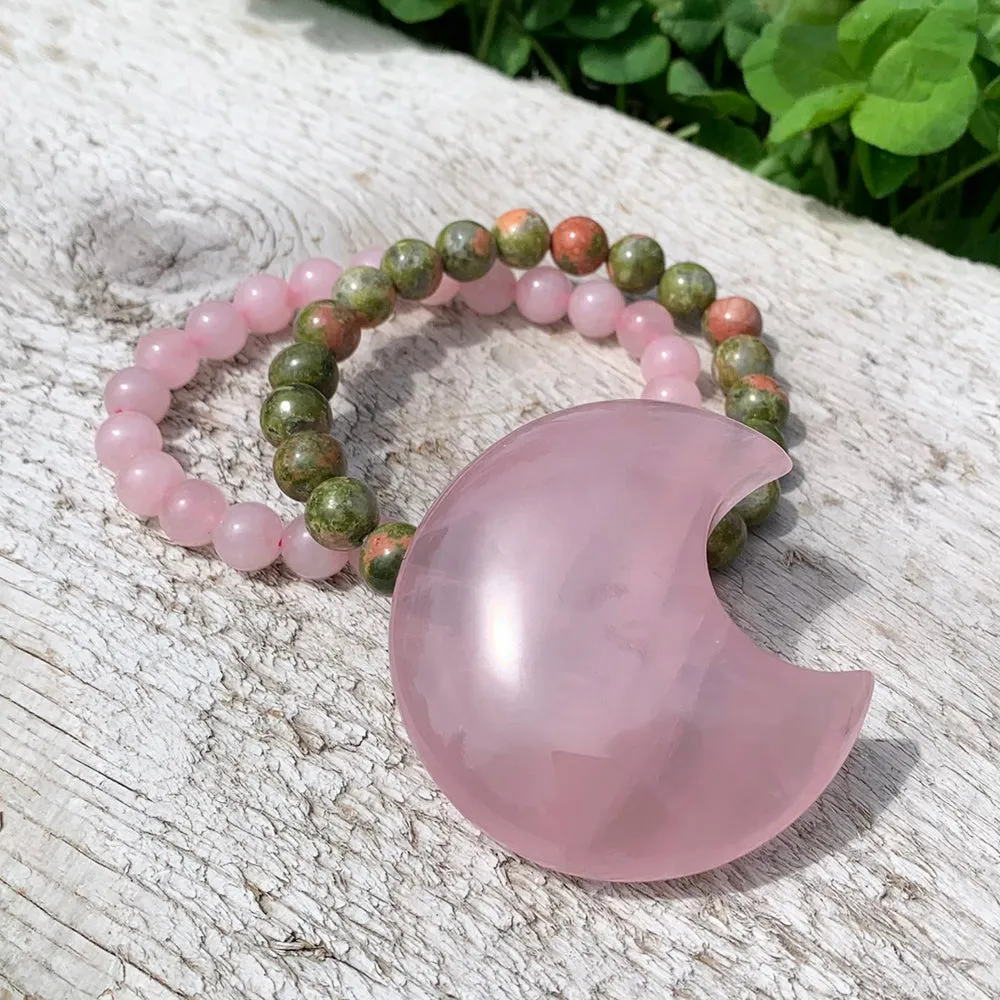 Black Friday - Rose Quartz Crescent Moon Shape   Mala Bracelets Gift Set