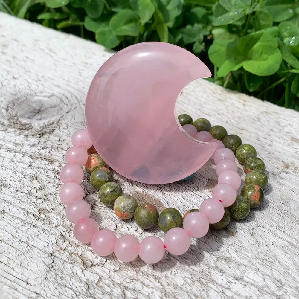 Black Friday - Rose Quartz Crescent Moon Shape   Mala Bracelets Gift Set