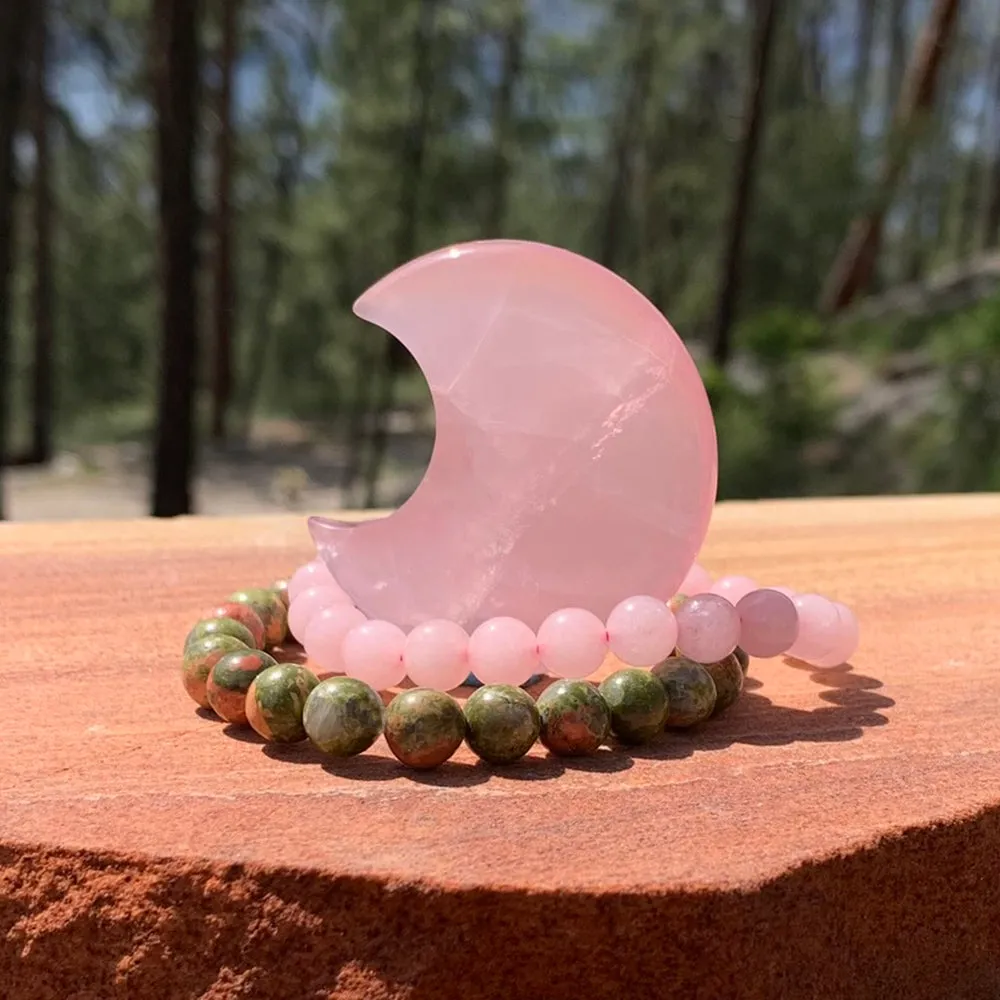 Black Friday - Rose Quartz Crescent Moon Shape   Mala Bracelets Gift Set