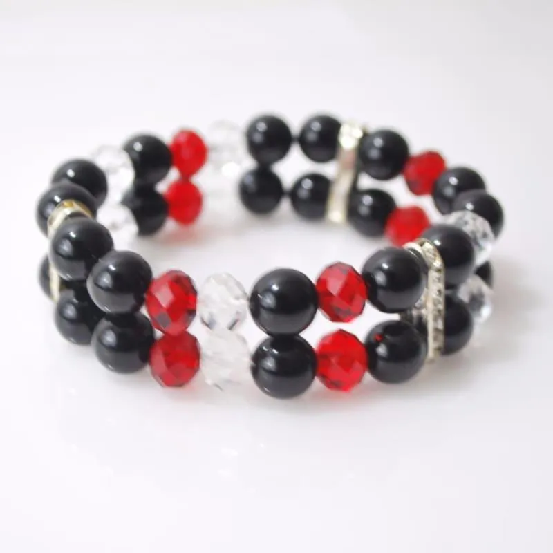 Black Onxy with Red and White Crystal Double Strands Women's Bracelets