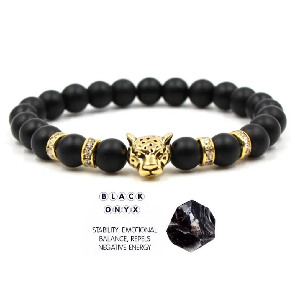 Black Onyx Matte Stone Golden Leopard Bracelet