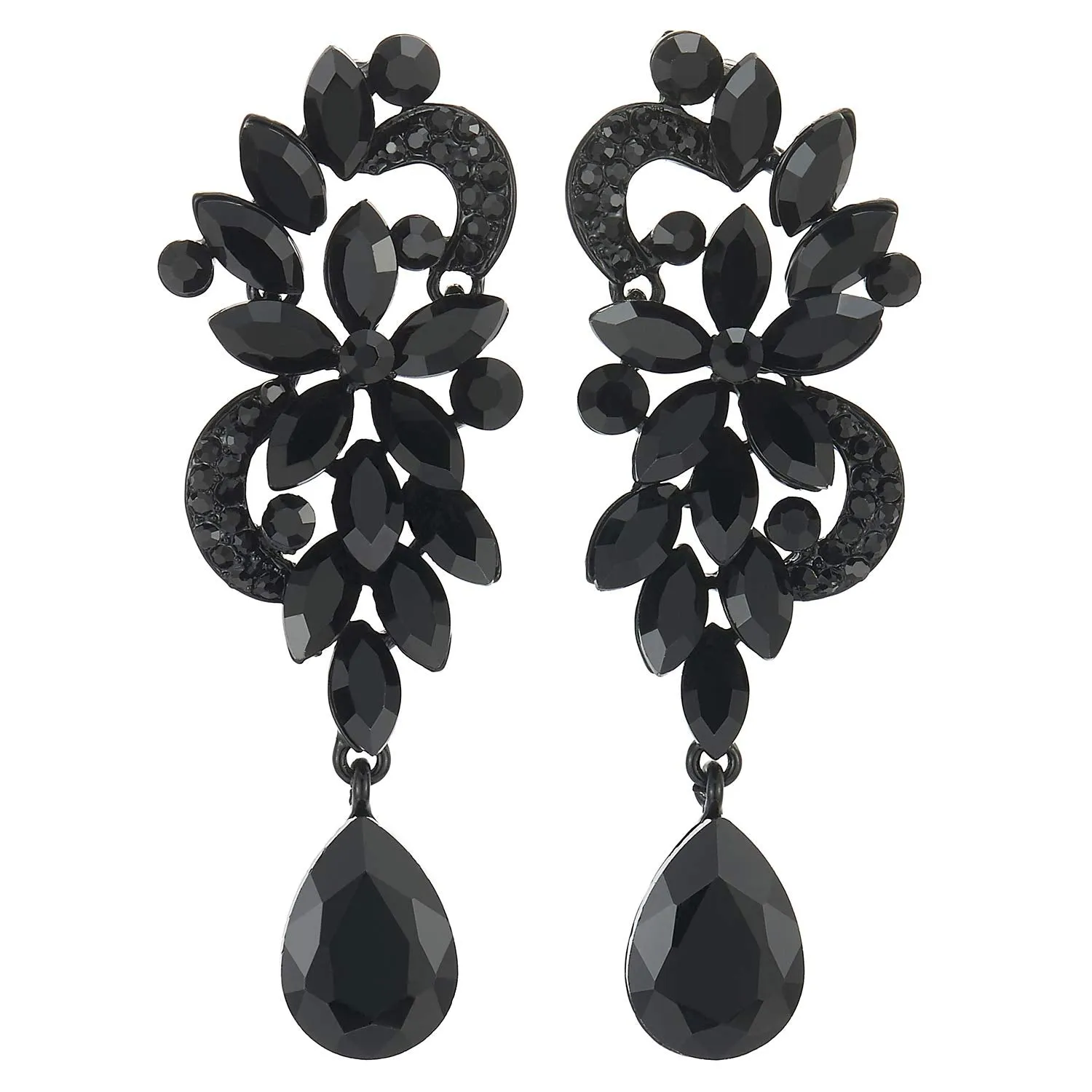 Black Rhinestone Crystal Cluster Chandelier Floral Teardrop Long Dangle Statement Earrings Art Deco