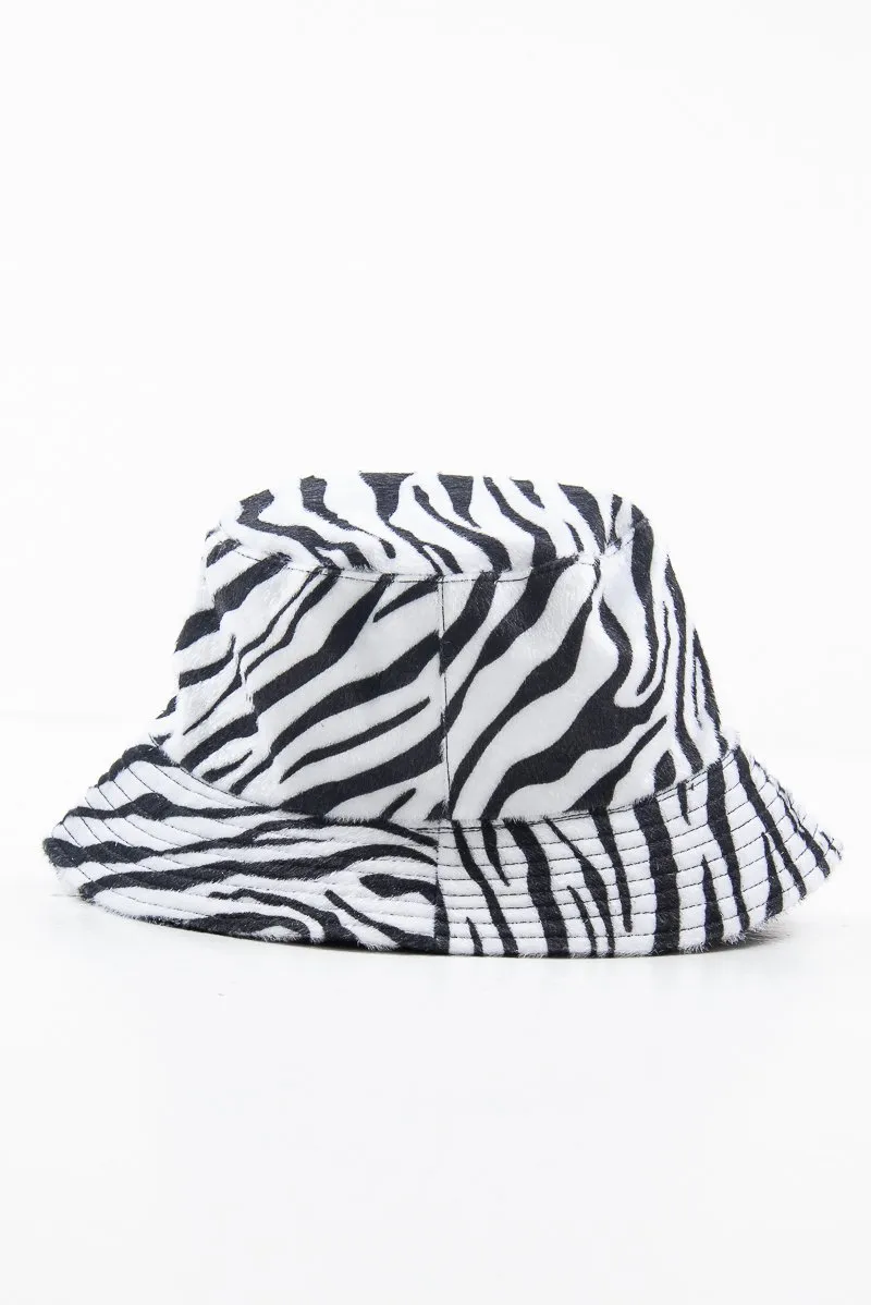 Black White Zebra Print Faux Pony Hair Bucket Hat - Ellison