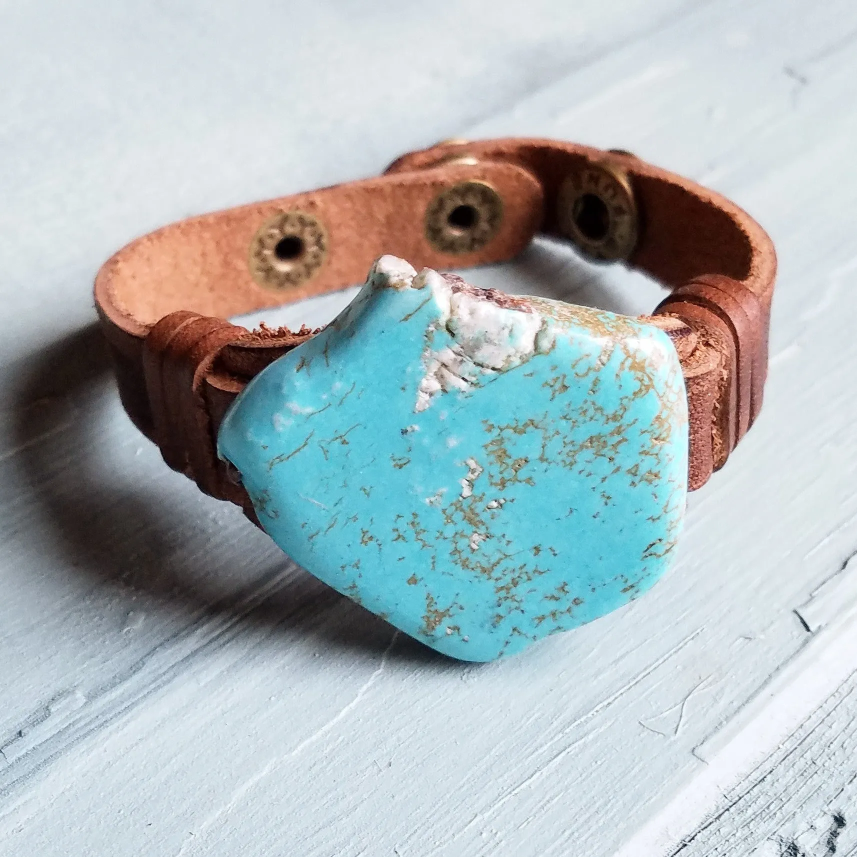 Blue Turquoise Slab on Narrow Leather Cuff 005W