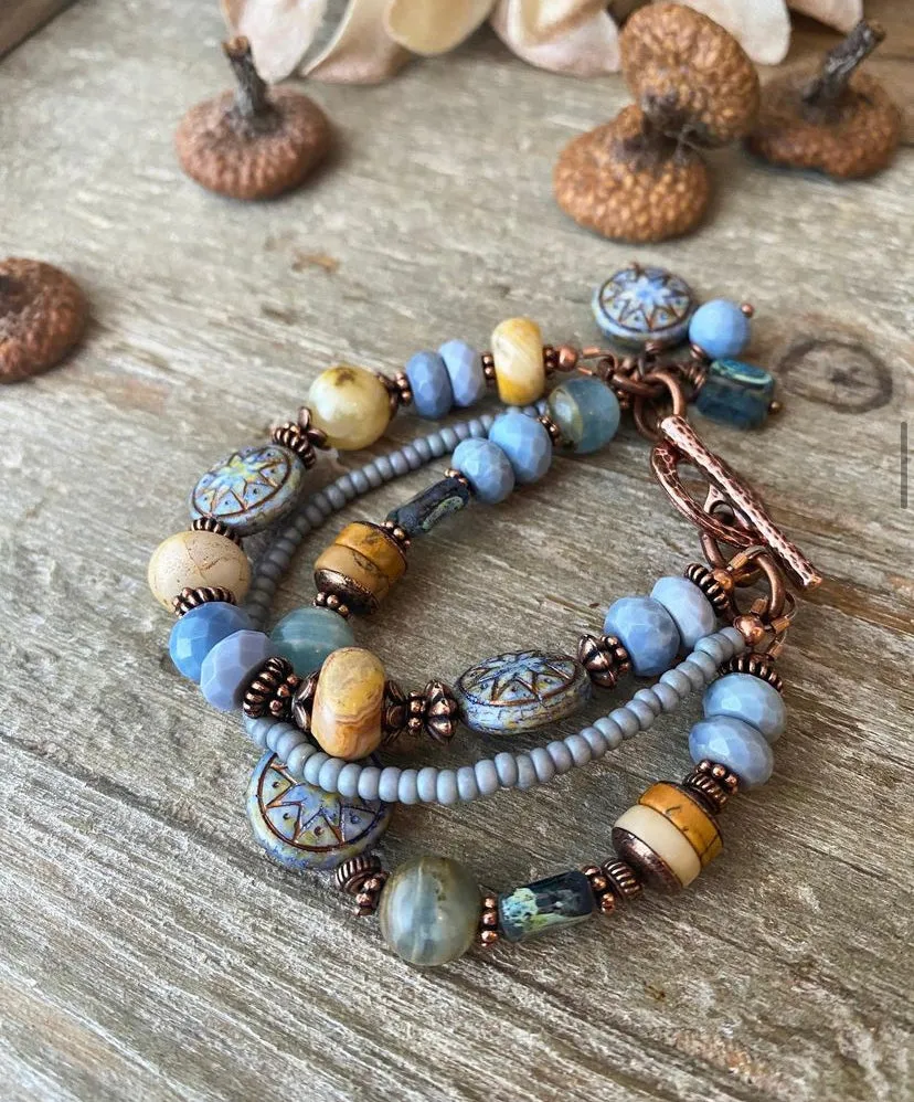 Blues. Mixed gemstone, Czech glass,  bracelet, KIT