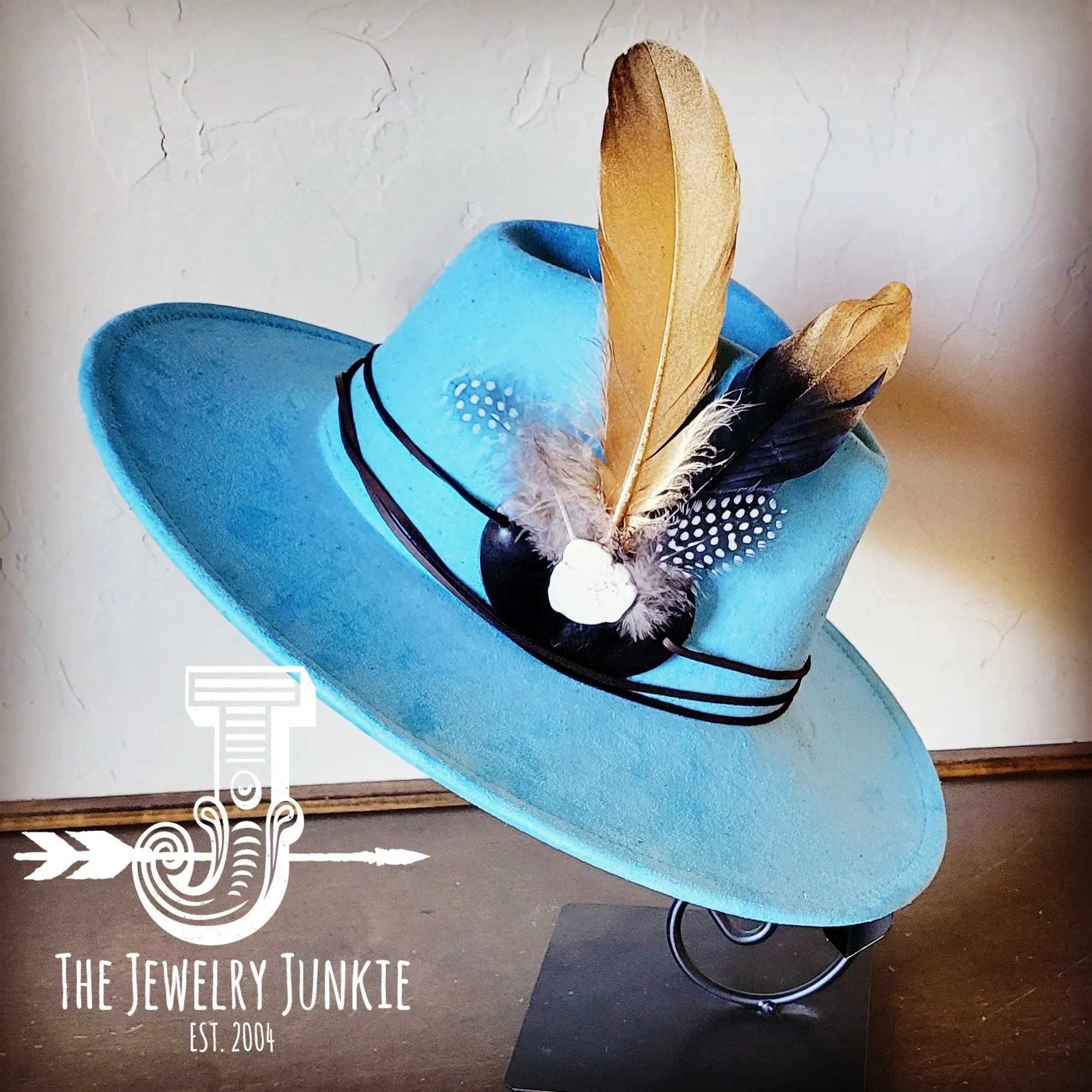 **Boho Western Hat w/ Choice of Feather Hat Band-Baby Blue 982h