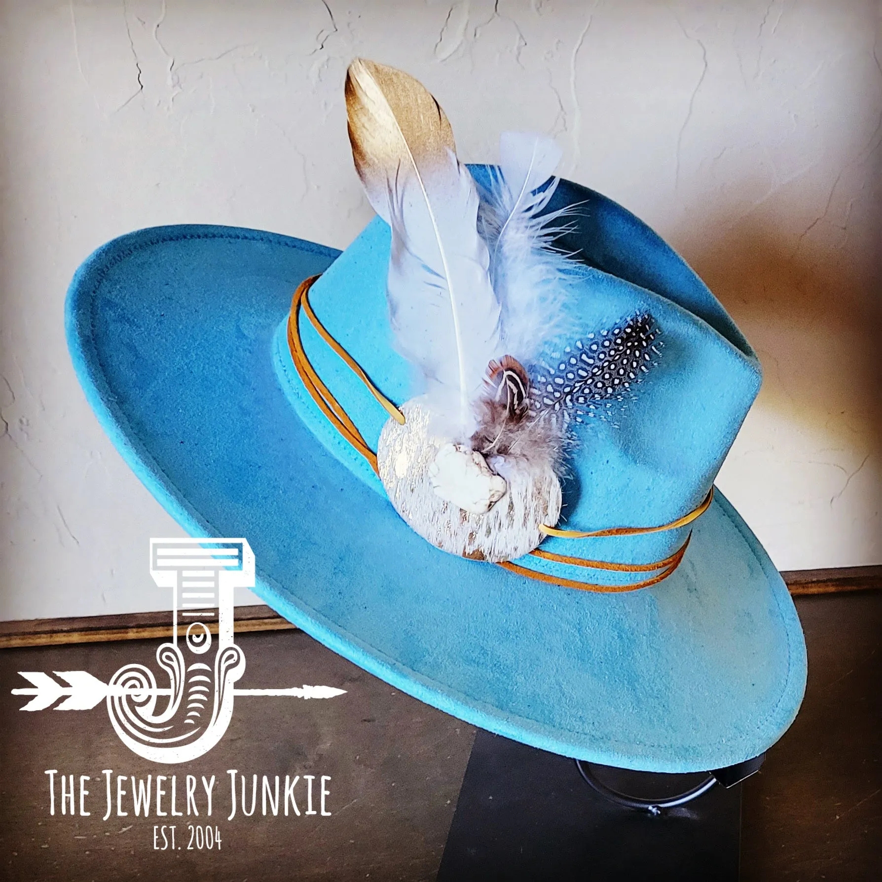 **Boho Western Hat w/ Choice of Feather Hat Band-Baby Blue 982h