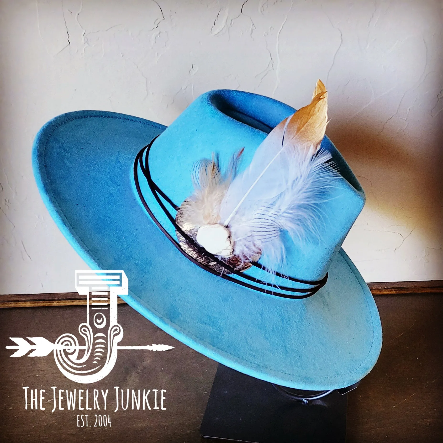 **Boho Western Hat w/ Choice of Feather Hat Band-Baby Blue 982h