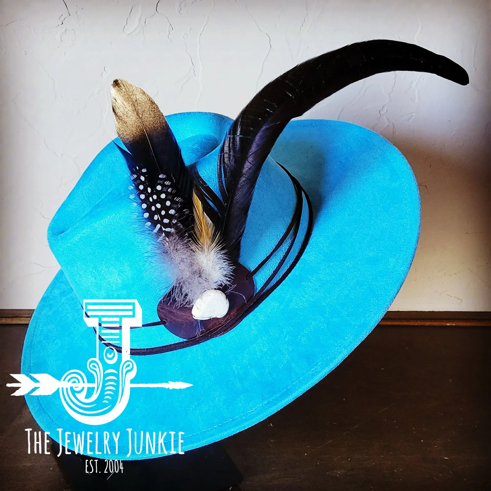 **Boho Western Hat w/ Choice of Feather Hat Band-Baby Blue 982h