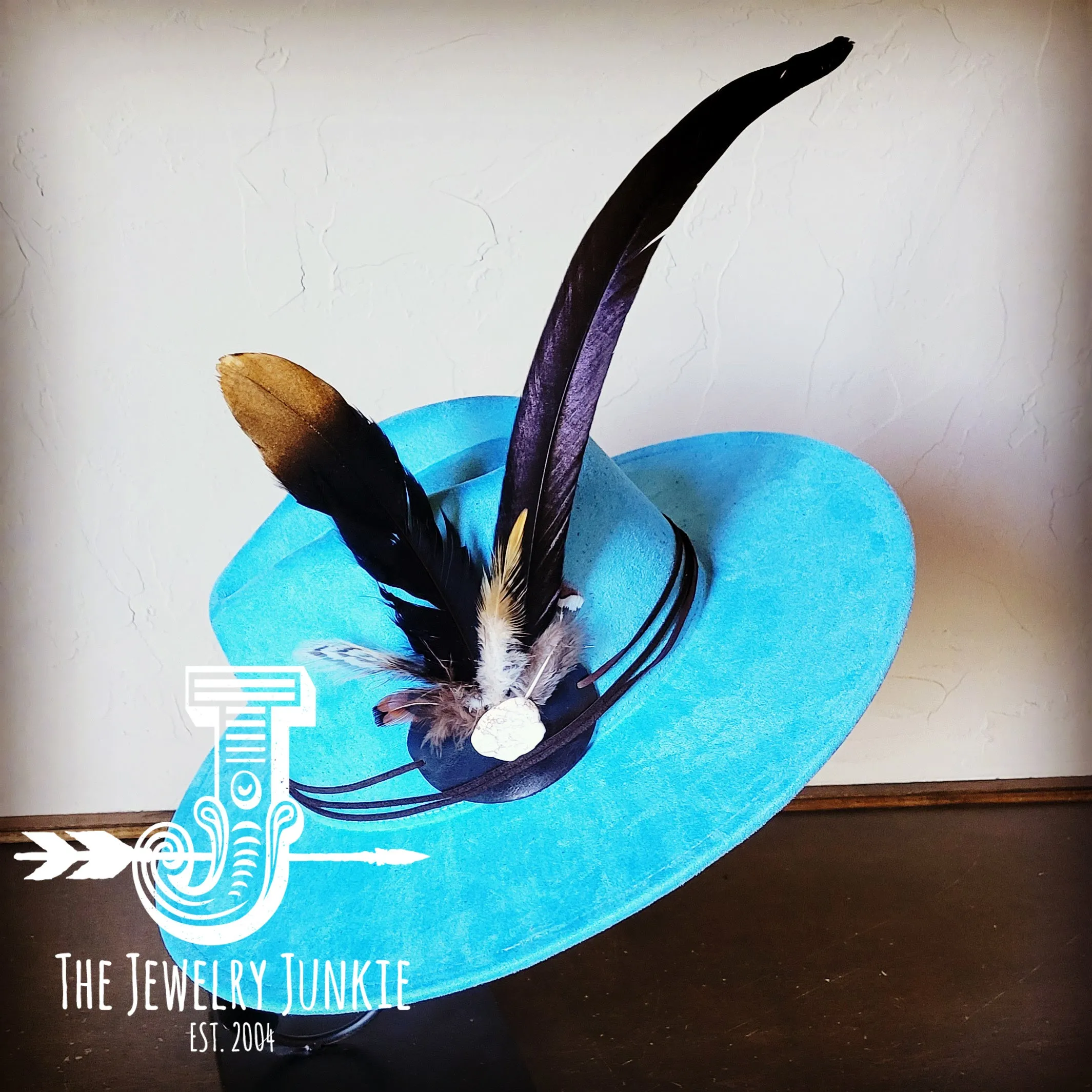 **Boho Western Hat w/ Choice of Feather Hat Band-Baby Blue 982h