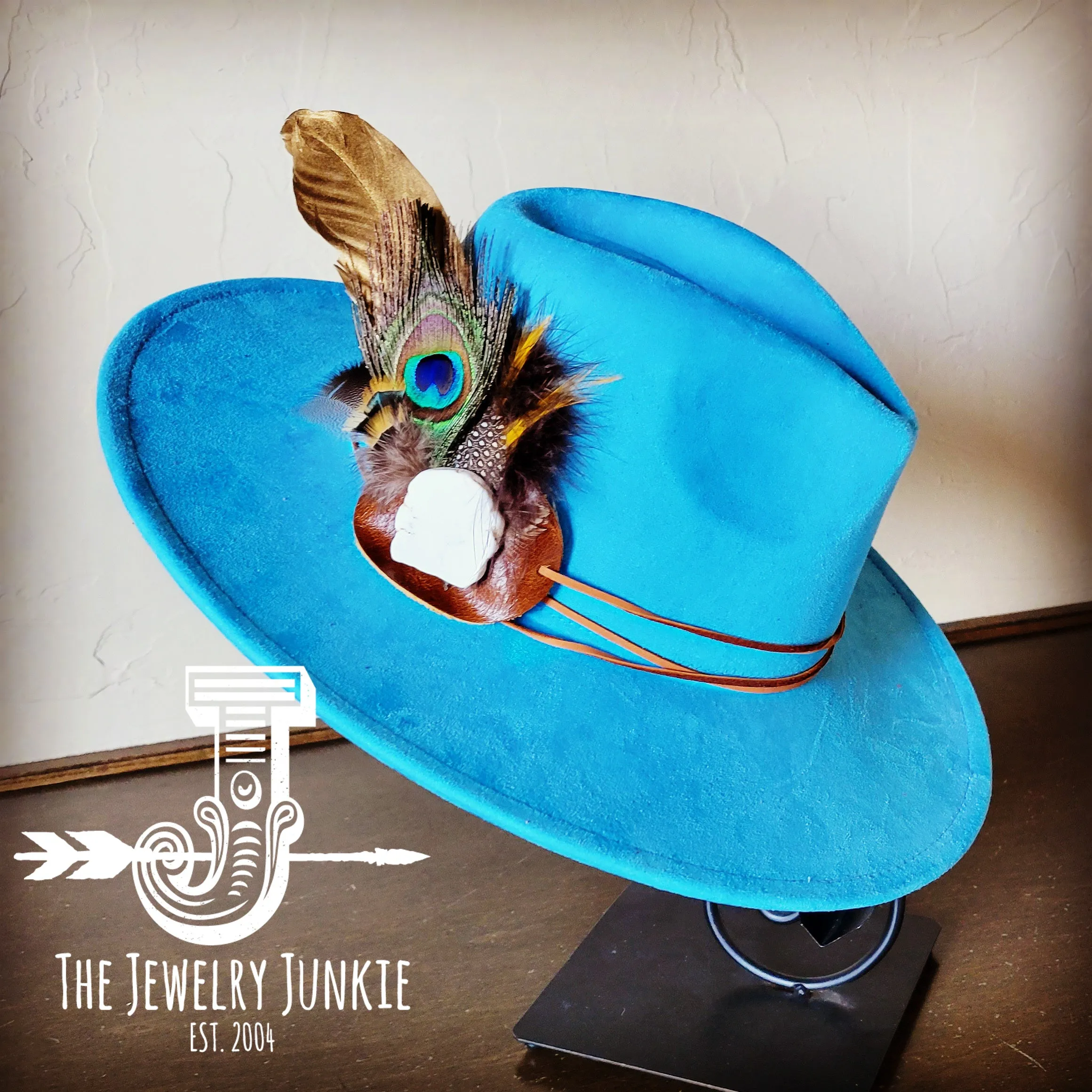 **Boho Western Hat w/ Choice of Feather Hat Band-Baby Blue 982h