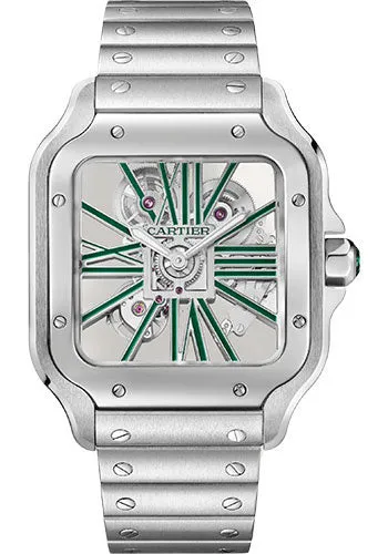 Cartier Santos de Cartier Watch - 39.8 mm Steel Case - Skeleton Dial - Steel Bracelet and Second Green Alligator Leather Strap - WHSA0028