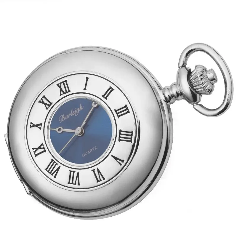 Chrome Half Hunter Blue Face Pocket Watch by Burleigh CHR1255