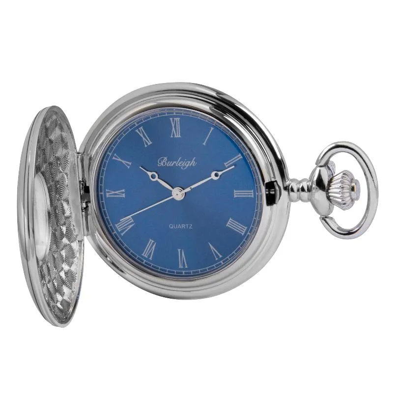 Chrome Half Hunter Blue Face Pocket Watch by Burleigh CHR1255