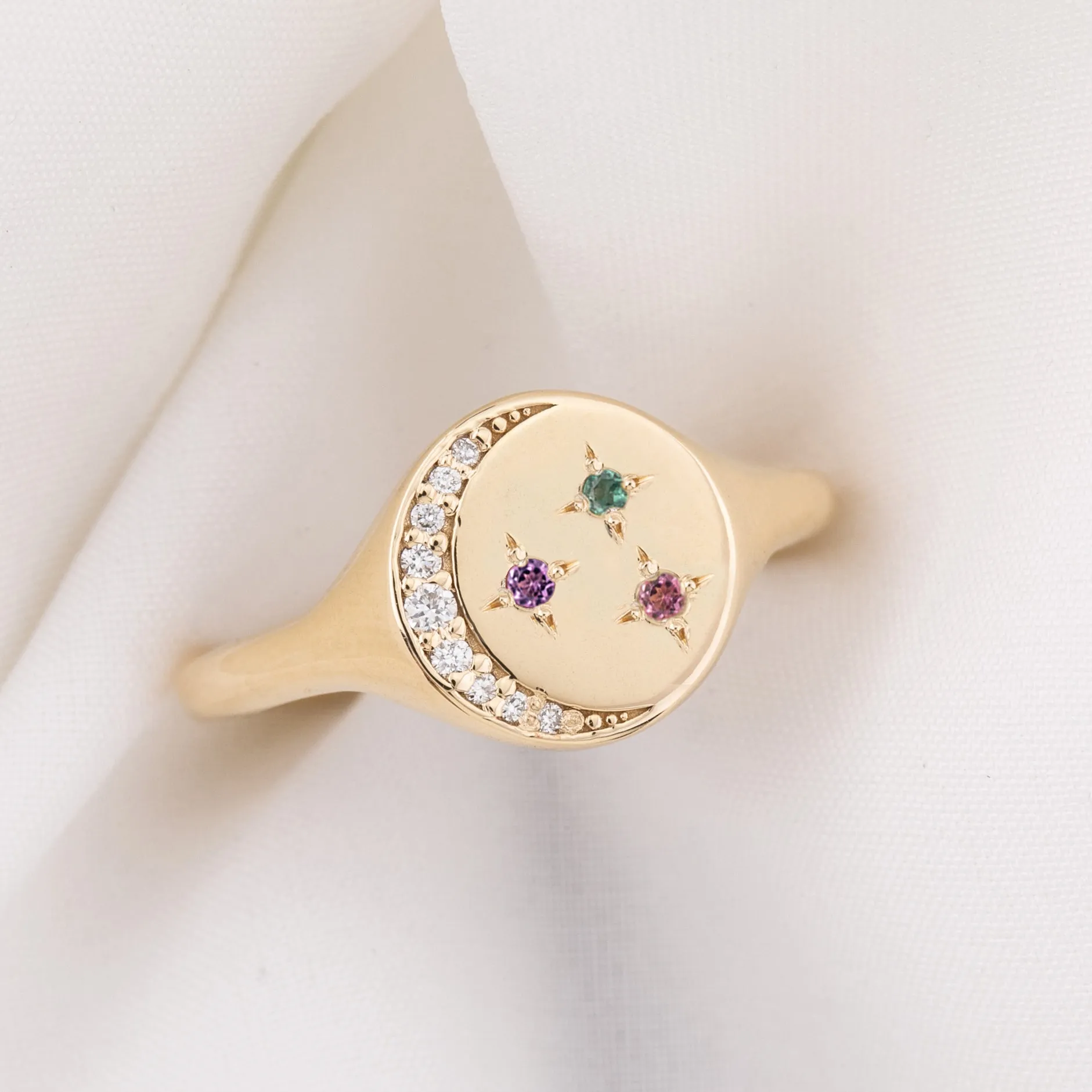 Crescent Moon Birthstone Star Signet Ring