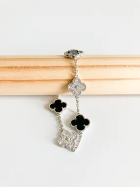 Cubic Zirconia and Onyx Demi Quatrefoil Bracelet in Silver