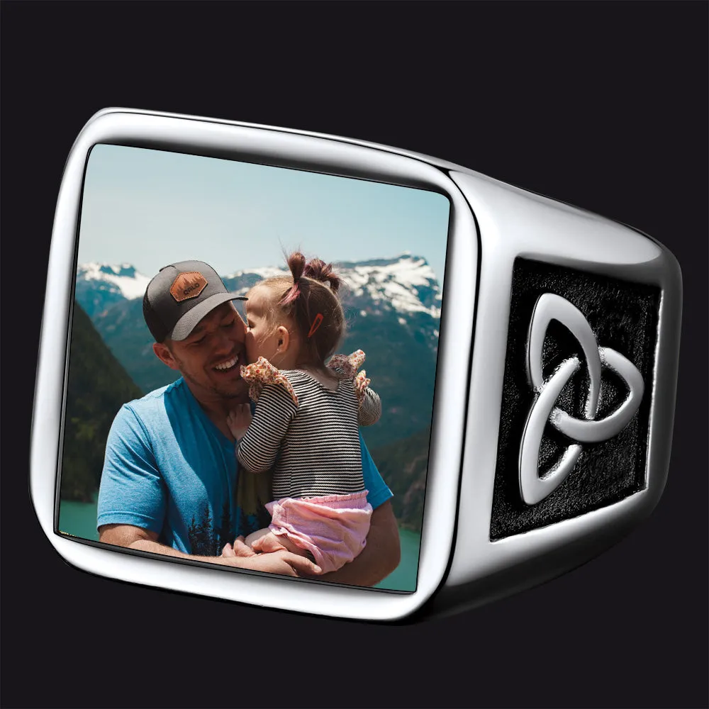 Custom Photo Engraved Ring with Trinity Knot for Men