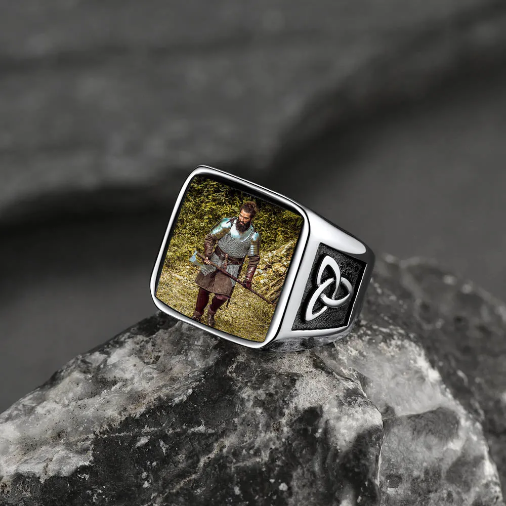 Custom Photo Engraved Ring with Trinity Knot for Men