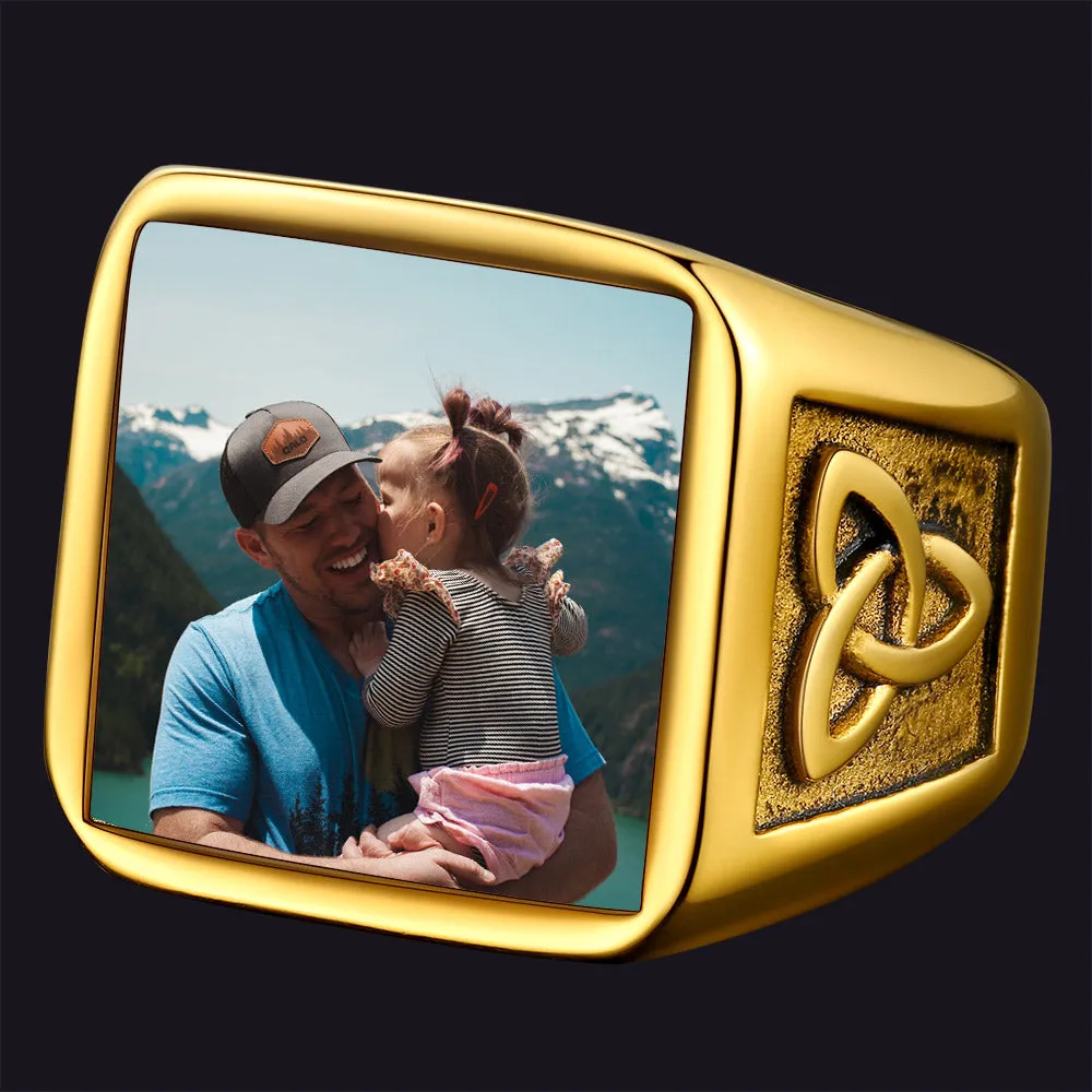 Custom Photo Engraved Ring with Trinity Knot for Men