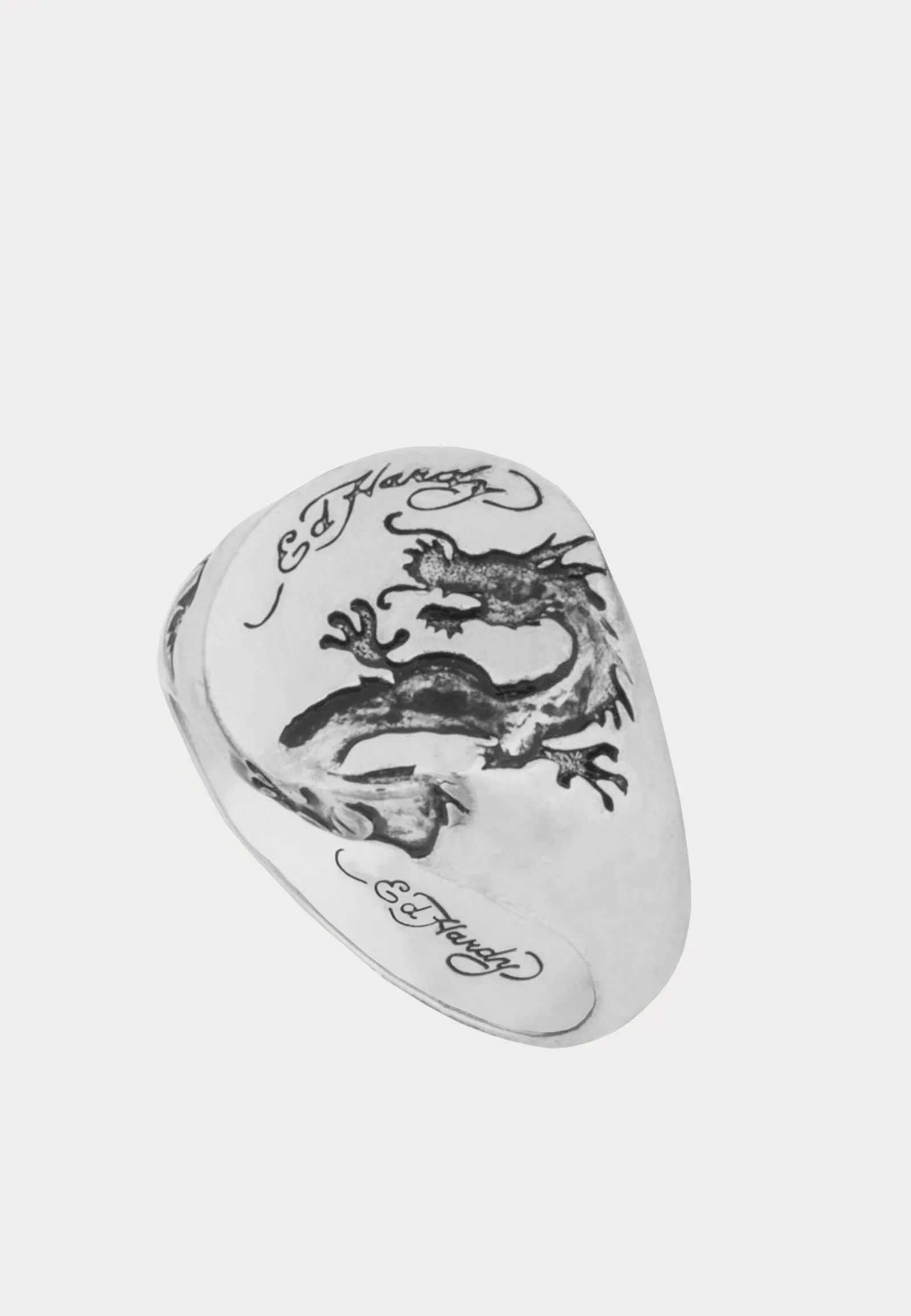 Dragon Engraved Oval Signet Ring - Silver