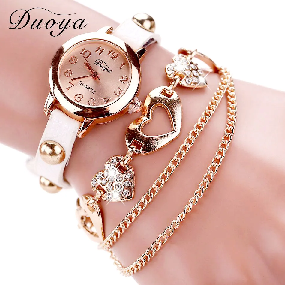 Duoya Brand Fashion Watches Women Luxury Rose Gold Heart Leather Wristwatches Ladies Dress Bracelet Chain Quartz Watch Clock New