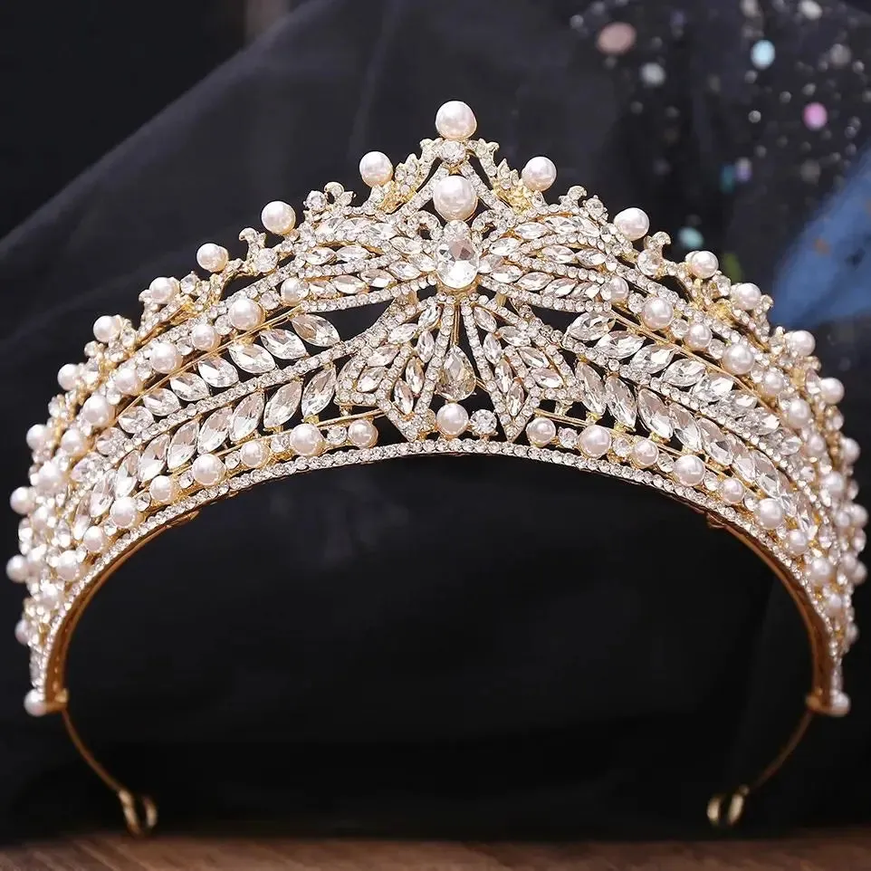 Elegant Big Bow Crystal Pearl Tiara Crown Bridal Hair Accessory