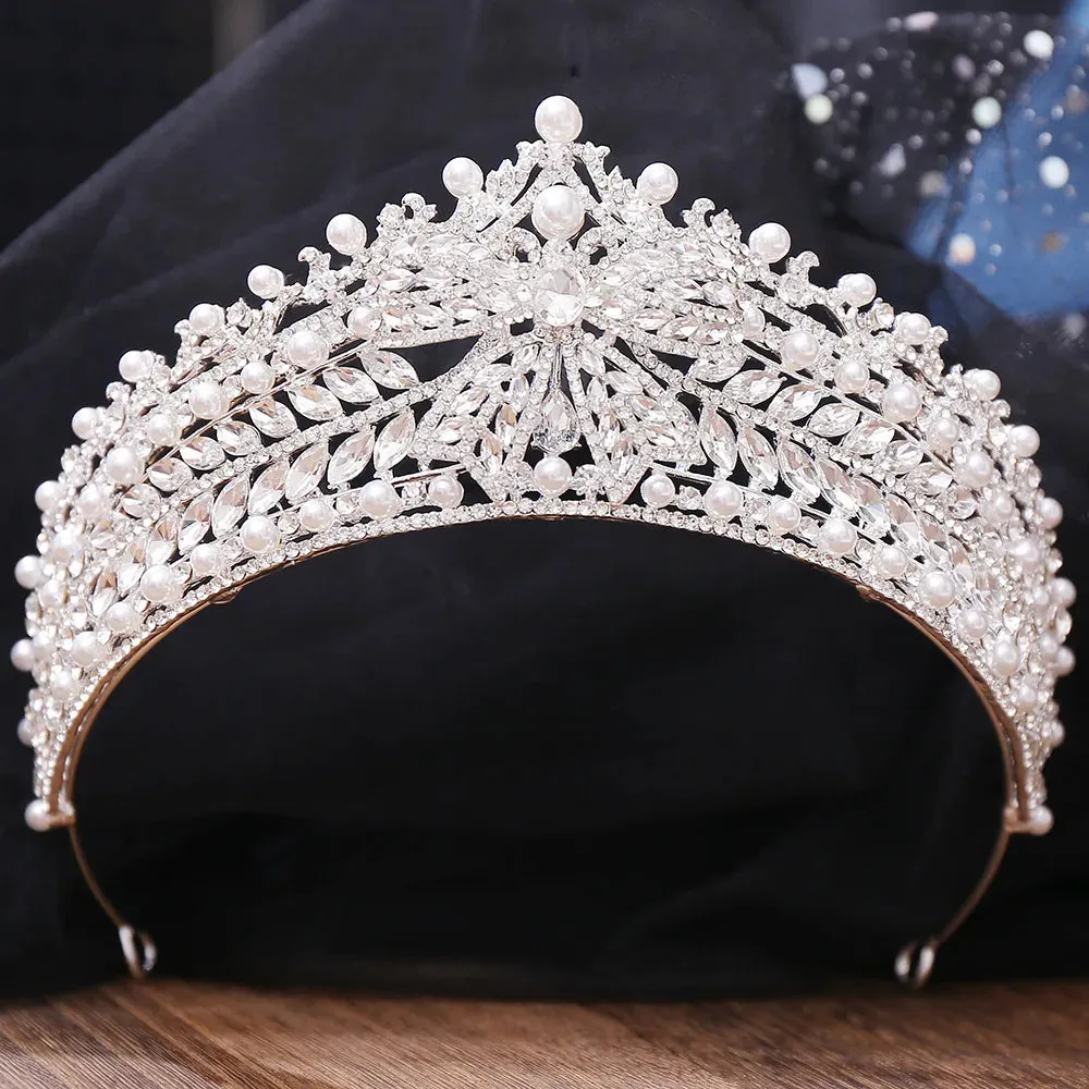 Elegant Big Bow Crystal Pearl Tiara Crown Bridal Hair Accessory