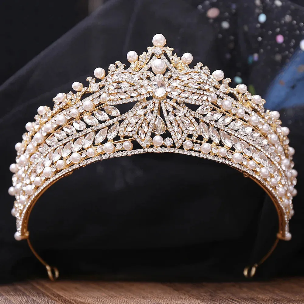 Elegant Big Bow Crystal Pearl Tiara Crown Bridal Hair Accessory