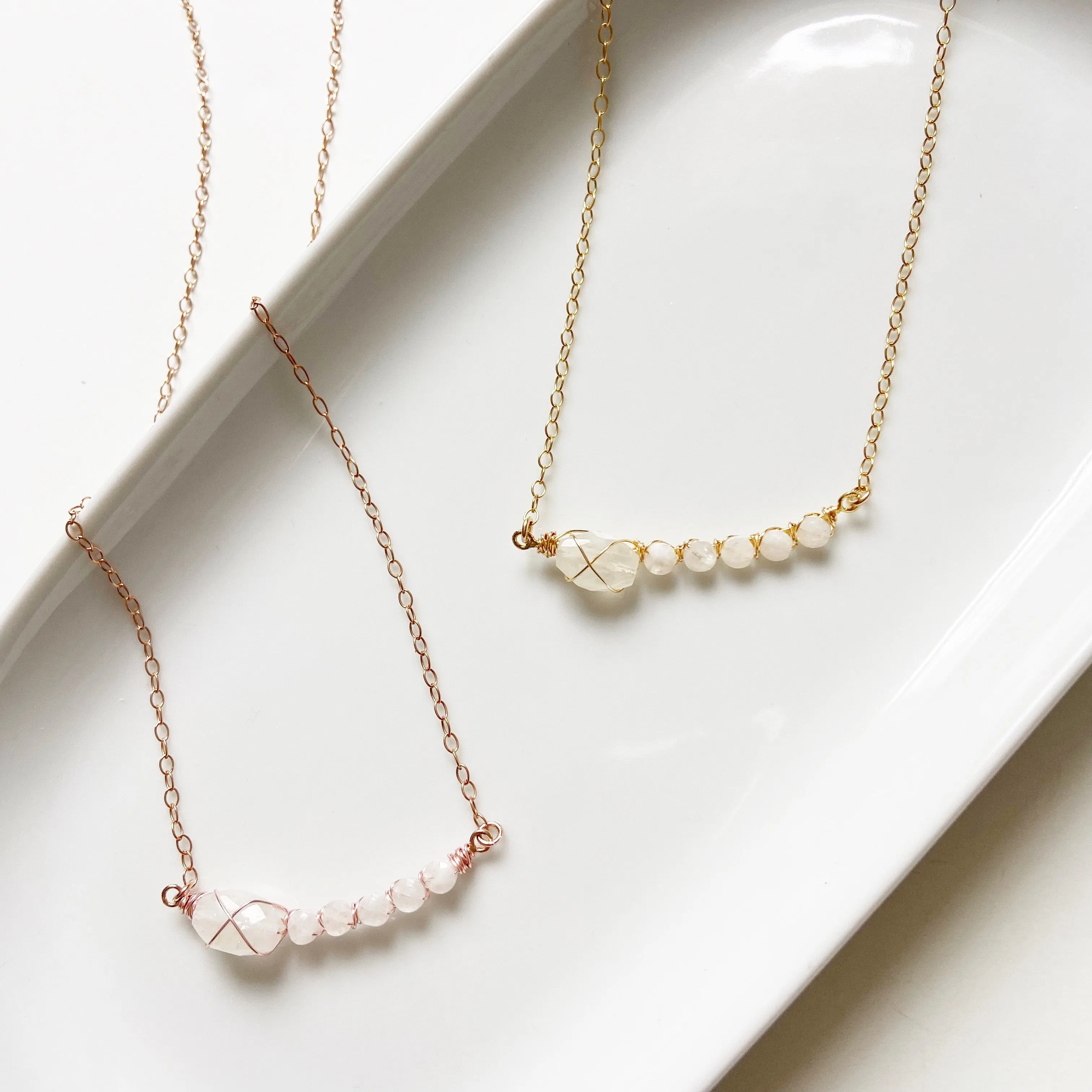 Embellished Crescent Moonstone Mid Length Necklace in Gold or Rose Gold (17.5 inches)