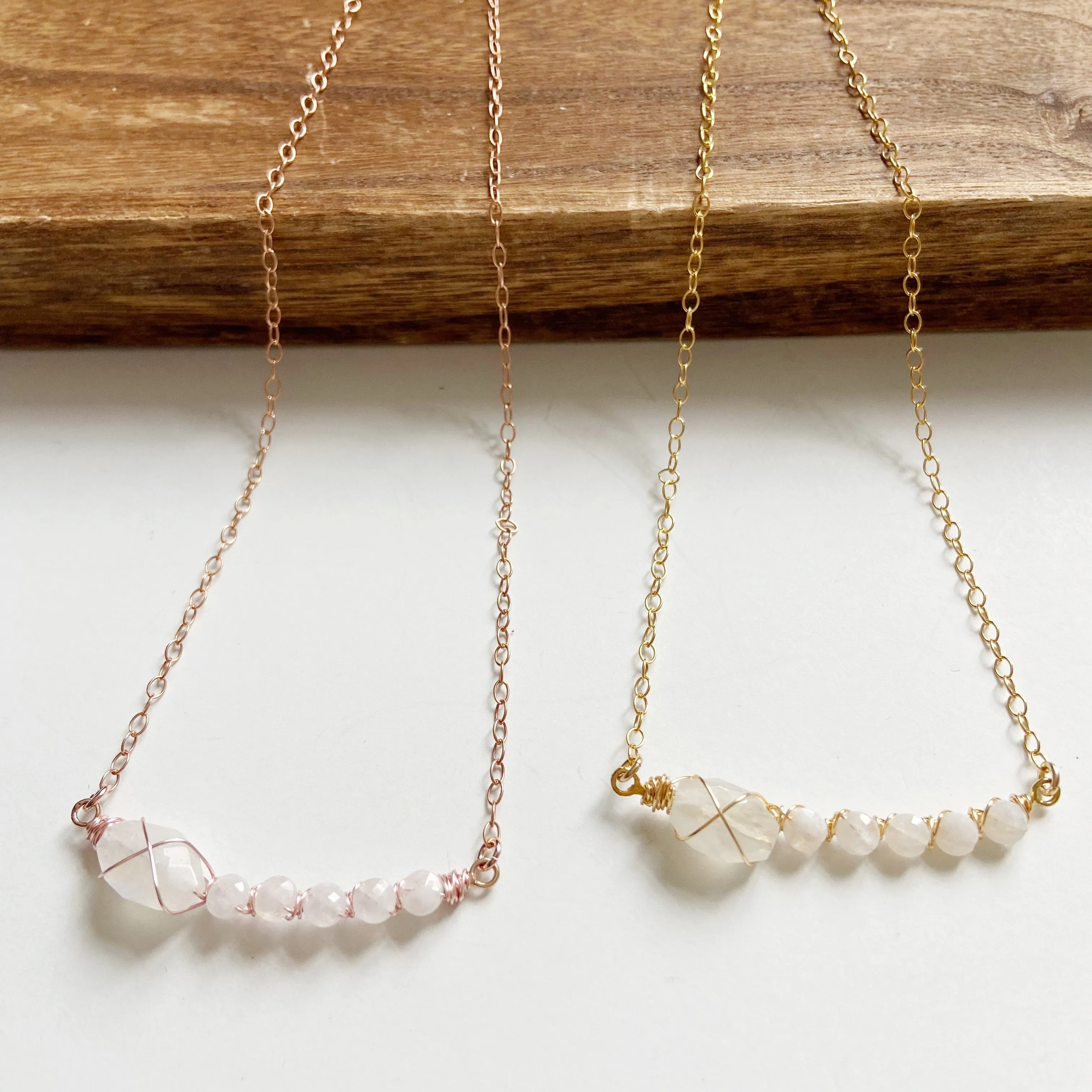 Embellished Crescent Moonstone Mid Length Necklace in Gold or Rose Gold (17.5 inches)