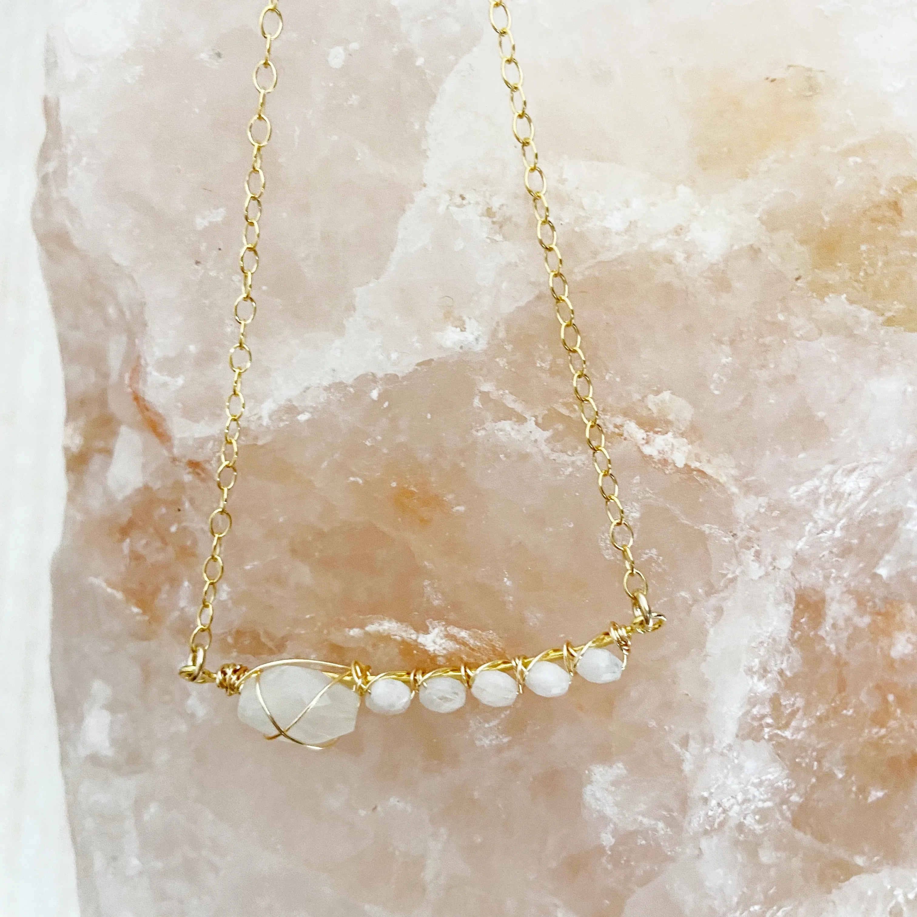 Embellished Crescent Moonstone Mid Length Necklace in Gold or Rose Gold (17.5 inches)