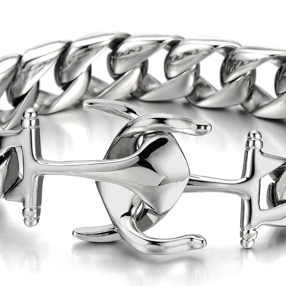 Exquisite Stainless Steel Mens Marine Anchor Curb Chain Bangle Bracelet Silver Color Polished