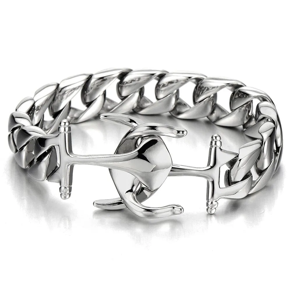 Exquisite Stainless Steel Mens Marine Anchor Curb Chain Bangle Bracelet Silver Color Polished