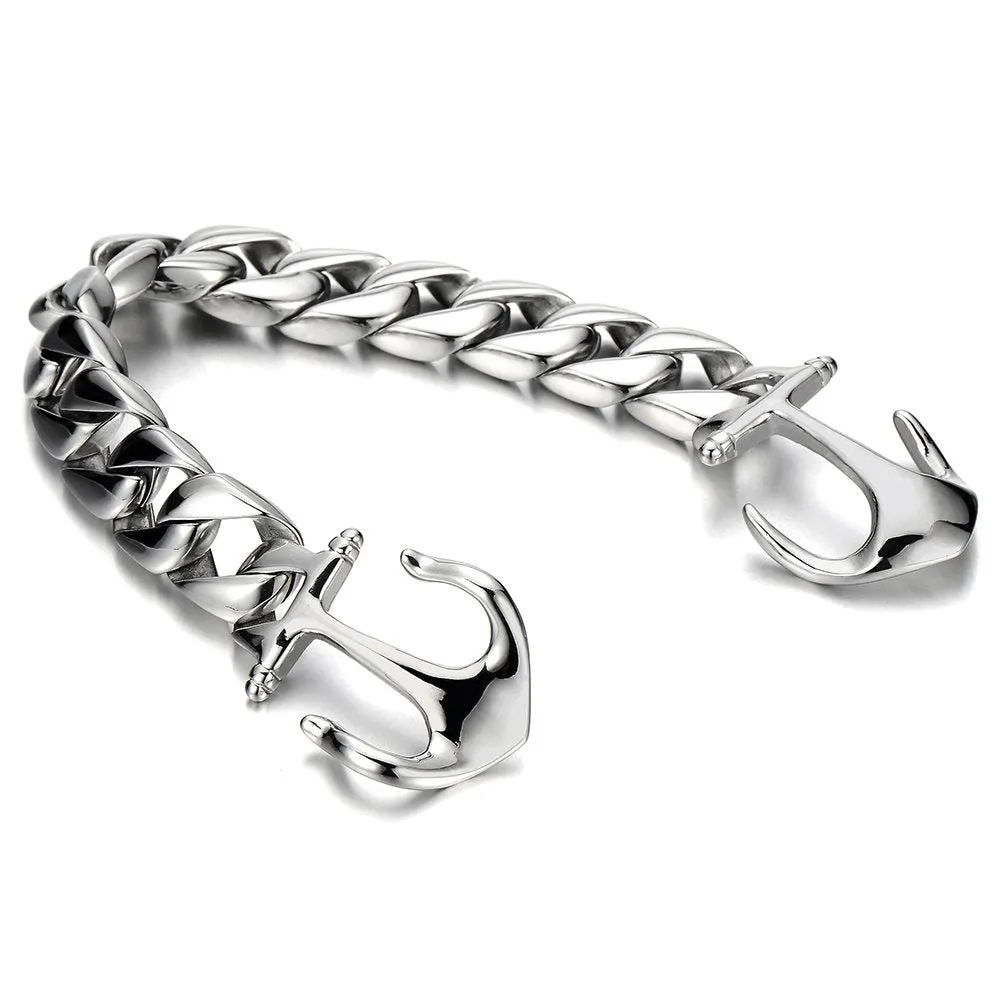 Exquisite Stainless Steel Mens Marine Anchor Curb Chain Bangle Bracelet Silver Color Polished