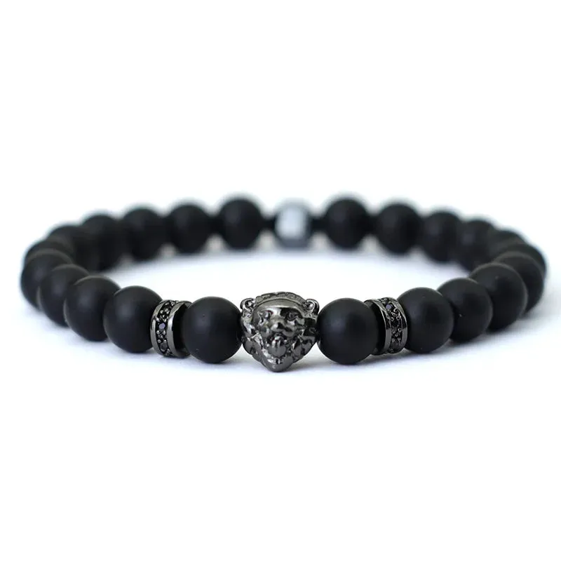 Fashion Mens Bracelet Beaded Wolf Lion Animal Braslet Pirate Skull Braclet Accessories Hombre Black Onyx Stone Braclet Pulseria