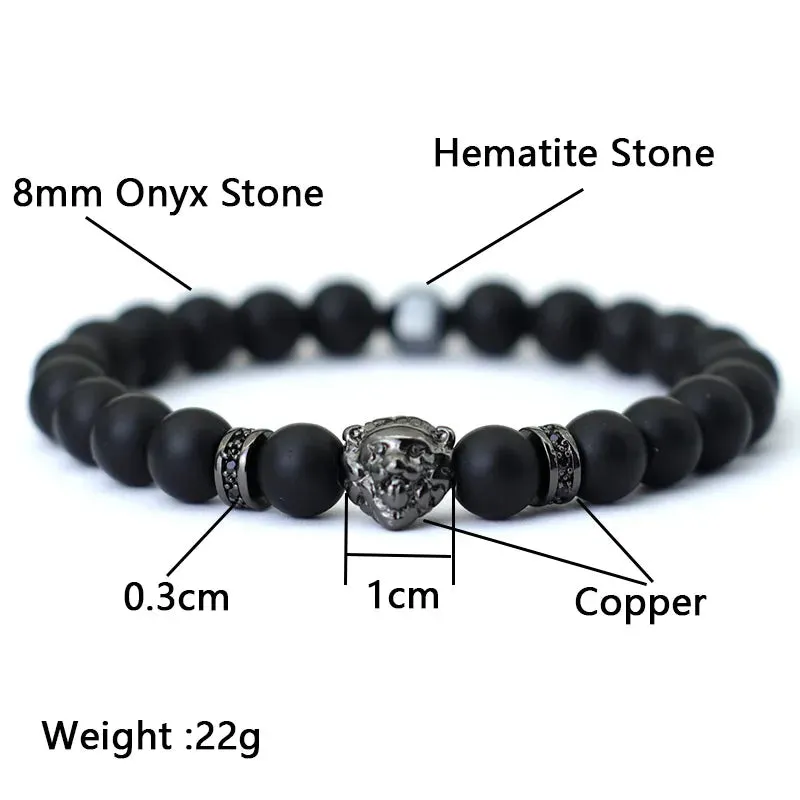 Fashion Mens Bracelet Beaded Wolf Lion Animal Braslet Pirate Skull Braclet Accessories Hombre Black Onyx Stone Braclet Pulseria