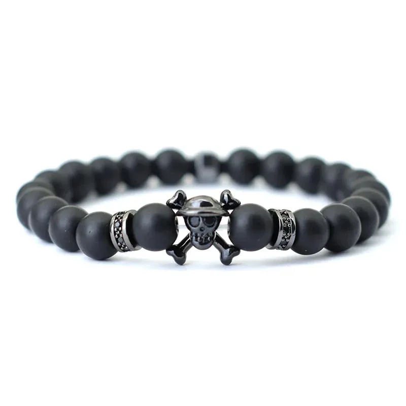 Fashion Mens Bracelet Beaded Wolf Lion Animal Braslet Pirate Skull Braclet Accessories Hombre Black Onyx Stone Braclet Pulseria