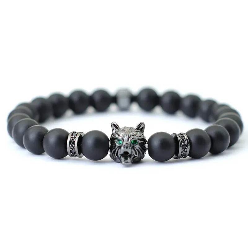 Fashion Mens Bracelet Beaded Wolf Lion Animal Braslet Pirate Skull Braclet Accessories Hombre Black Onyx Stone Braclet Pulseria