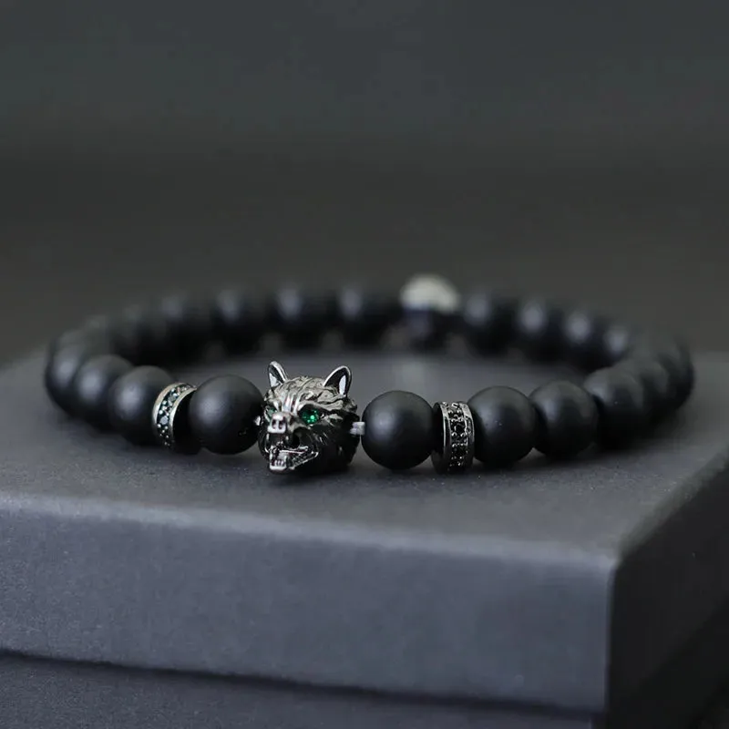 Fashion Mens Bracelet Beaded Wolf Lion Animal Braslet Pirate Skull Braclet Accessories Hombre Black Onyx Stone Braclet Pulseria