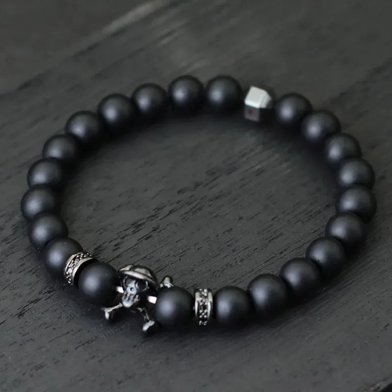 Fashion Mens Bracelet Beaded Wolf Lion Animal Braslet Pirate Skull Braclet Accessories Hombre Black Onyx Stone Braclet Pulseria