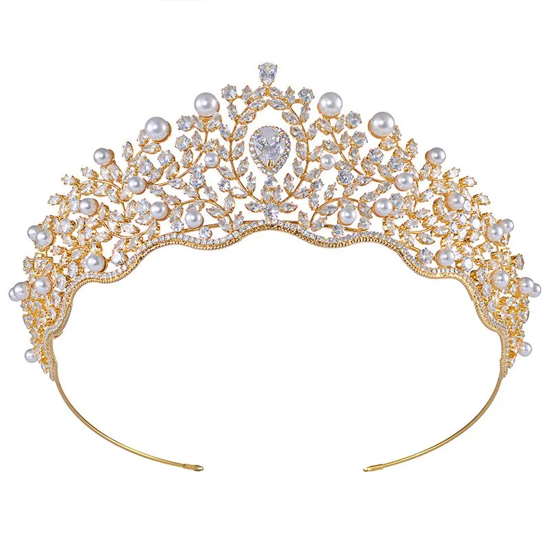 Fashion Tiara Bridal Hairband, Crowns For Women Wedding Hair Accessories Pearl CZ Crystal Headband Dubai Bridal Jewelry TS004