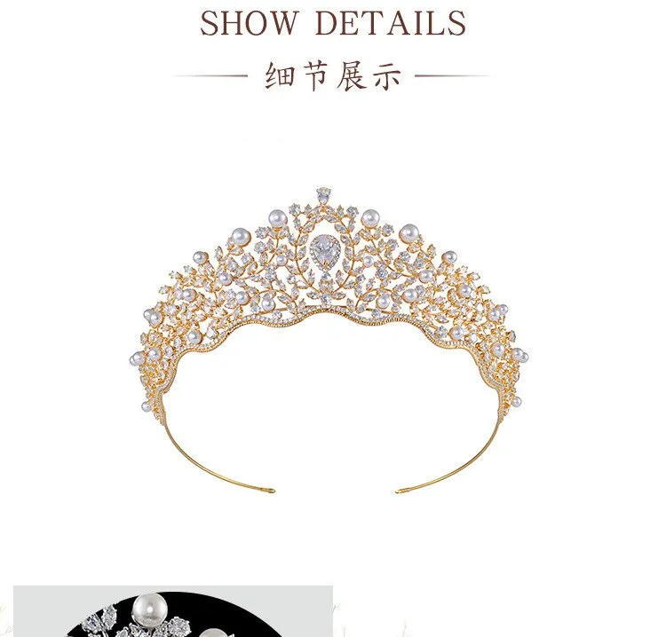 Fashion Tiara Bridal Hairband, Crowns For Women Wedding Hair Accessories Pearl CZ Crystal Headband Dubai Bridal Jewelry TS004