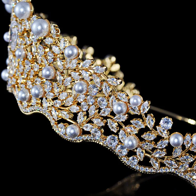 Fashion Tiara Bridal Hairband, Crowns For Women Wedding Hair Accessories Pearl CZ Crystal Headband Dubai Bridal Jewelry TS004