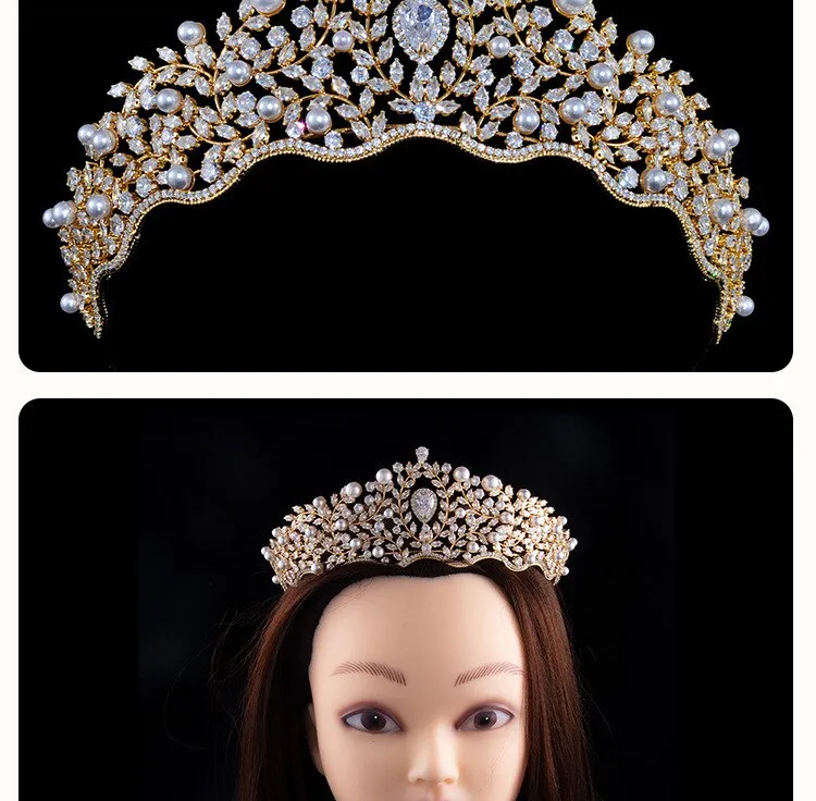 Fashion Tiara Bridal Hairband, Crowns For Women Wedding Hair Accessories Pearl CZ Crystal Headband Dubai Bridal Jewelry TS004