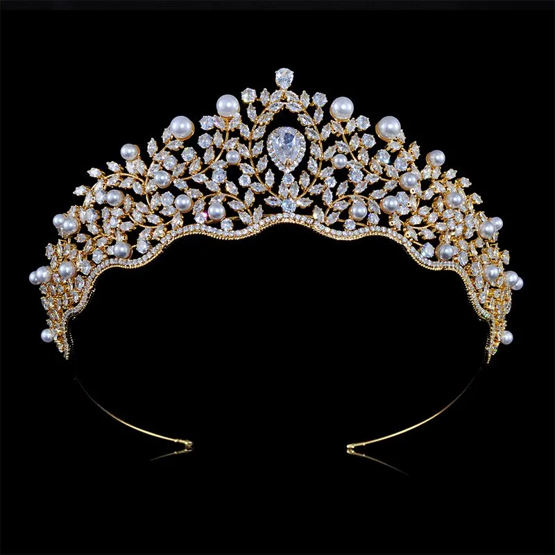 Fashion Tiara Bridal Hairband, Crowns For Women Wedding Hair Accessories Pearl CZ Crystal Headband Dubai Bridal Jewelry TS004