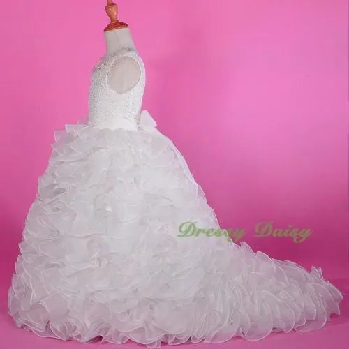 FG238 Girls Lace Organza Ruffle Tiered Party Flower Girl Dresses Ball Gown Size 2-10